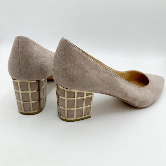 Brian Atwood‎ Karina Taupe Suede Block Heel Pumps With Gold Grid Heel Design 10 - Picture 14 of 16